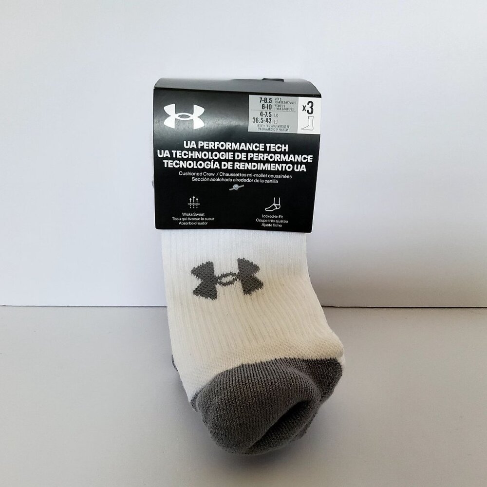 Under Armour Mens Performance Tech Crew Socks 3-Pack Size 7-8.5 White/Grey